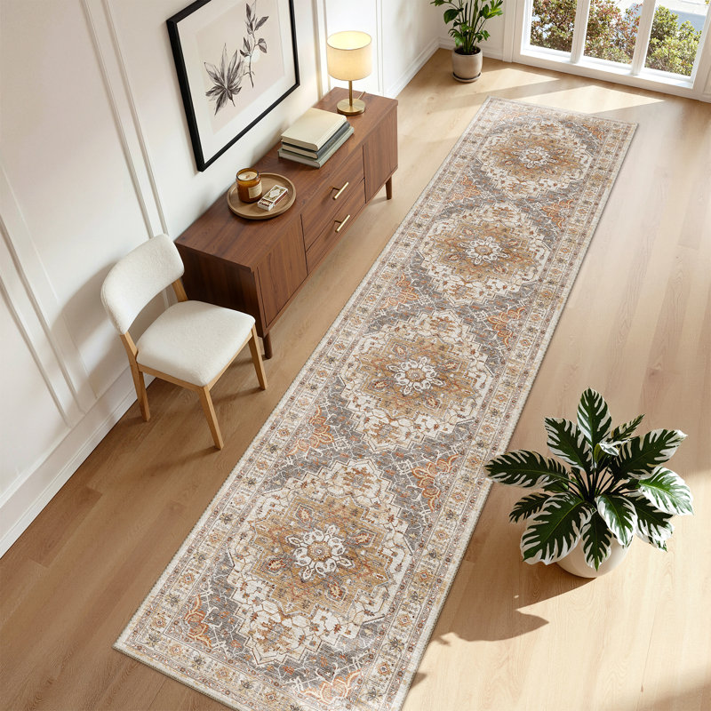 Malila Machine Washable Non-Slip Area Rug, Runner 2' x 10', Orange/Gray