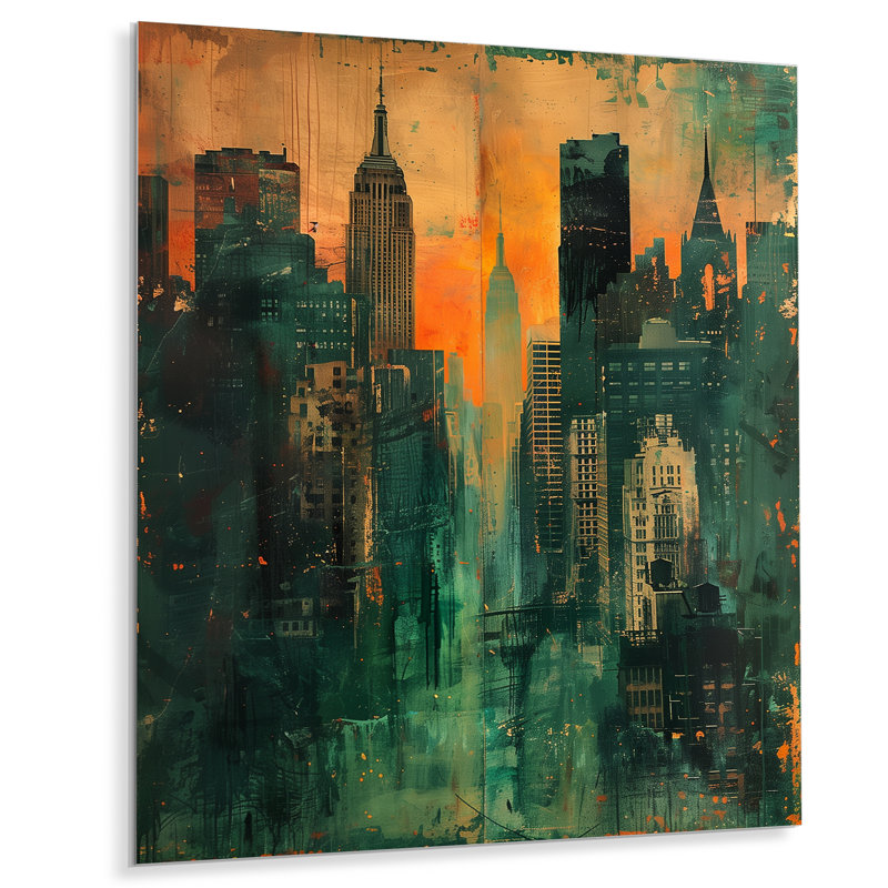 Rétro coucher de soleil sur Manhattan City I - gratte-ciel, art mural, Métal métal, H 24 po x l 32 po x P 1 po