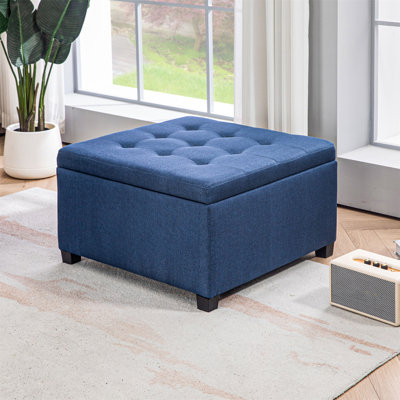 Repose-pieds de rangement capitonné en tissu avec couvercle de siège rabattable, charnière en métal et structure en bois d'eucalyptus stable pour le salon, l'entrée ou la chambre à coucher, bleu