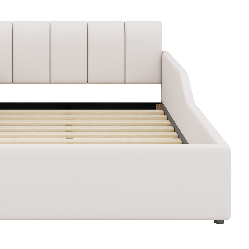 Lit tapissier à la terre, lit mère et enfant avec bureau de chevet et petit tabouret rond, Beige