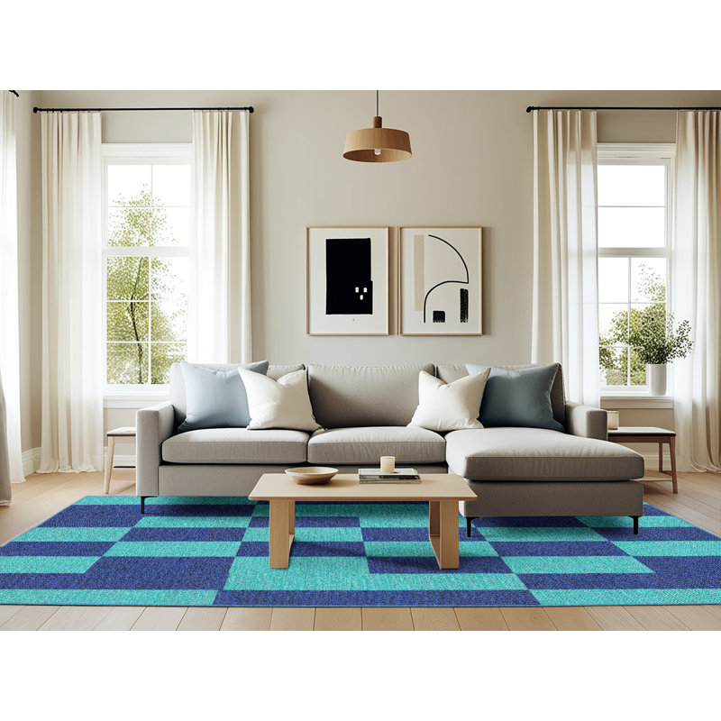 Tapis bleu/vert léger tissé à la machine, Rectangle 6 pi x 9 pi