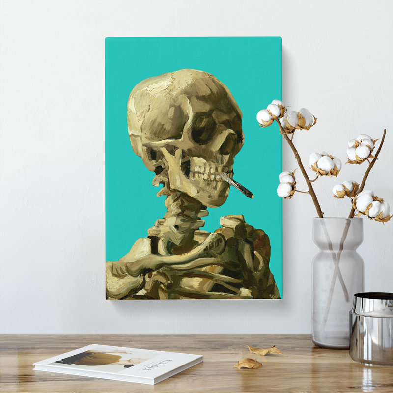 Teal Skull of a Skeleton with Cigarette by Vincent Van Gogh - Wrapped Canvas, 91cm H x 60cm W x 3cm D