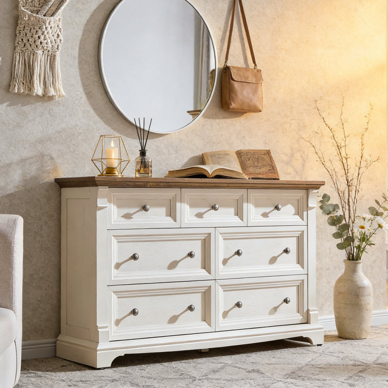 Commode à 7 tiroirs Roman, Blanc / Brun
