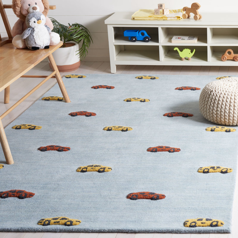Tapis bleu clair / jaune en laine / coton touffeté à la main Storrie, Rectangle 4 pi x 6 pi
