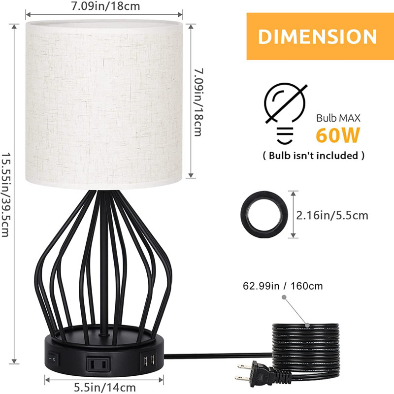 Trenouth Metal USB Table Lamp, Linen, Black