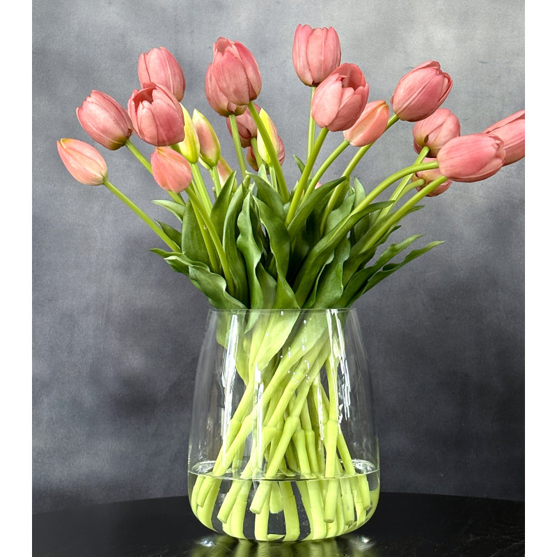 Tulipes artificielles Real Touch dans un vase en verre , Rose foncé