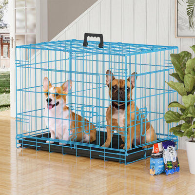 Dog Crate Portable and Foldable Dog Cage Indoor Outdoor Weather Resistant Metal Wire Dog Kennel Lockable Double Door Pet Cage with with Divider Panel Removable Tray Handle for Dogs