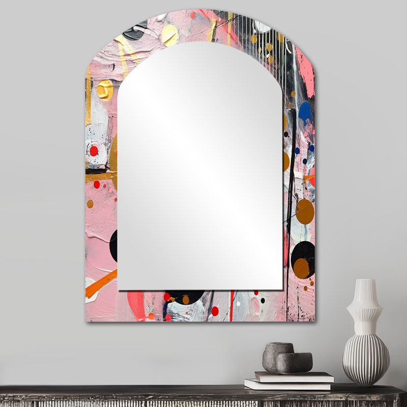 Pink and Grey Geometric II - Geometric Asymmetrical Mirror, Pink Arch Decorative Wall Mirror, Printed Metal Art, 34" x 25"