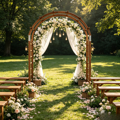 Arche de jardin en bois avec treillis incurvé pour plantes grimpantes, idéale pour les cérémonies de mariage en extérieur, sur la pelouse ou dans le jardin.