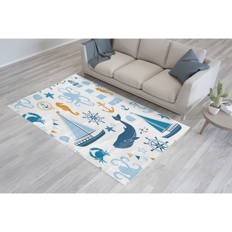 Tapis bleu / orange / blanc, Rectangle 5 pi 2 po x 7 pi 6 po