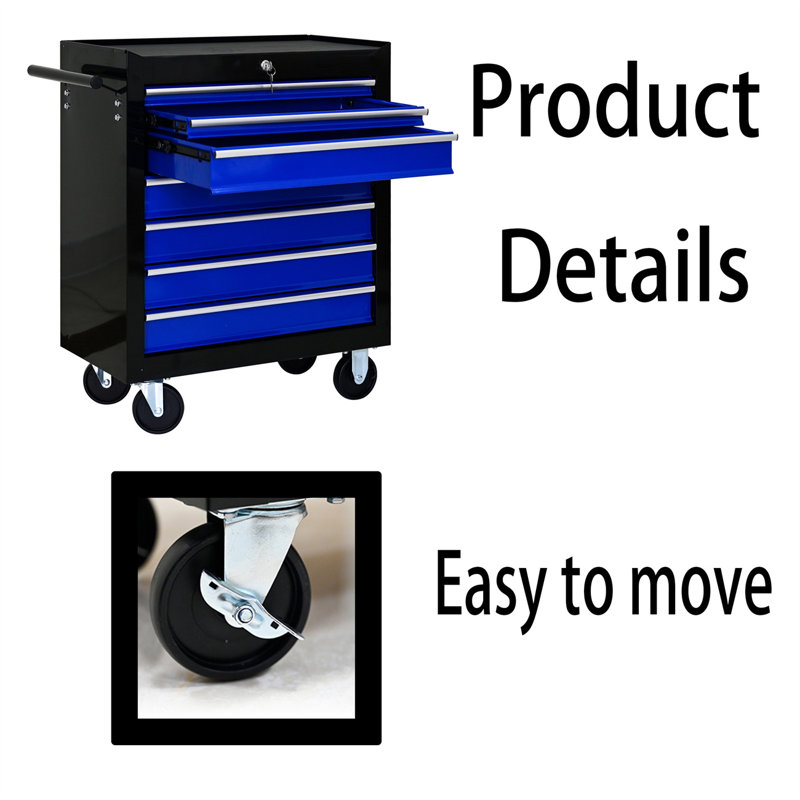 24'' W Steel Side Chest with Wheels, Black/Blue