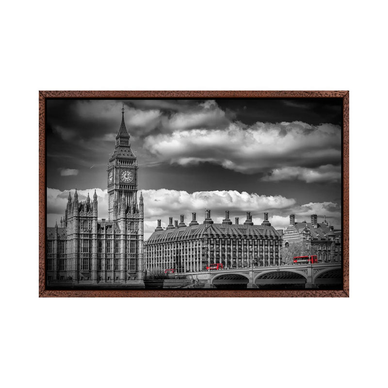 London Big Ben And Red Bus by Melanie Viola - Print on Canvas, Classic Brown Wood Framed, 66.04cm H x 101.6cm W x 3.81cm D