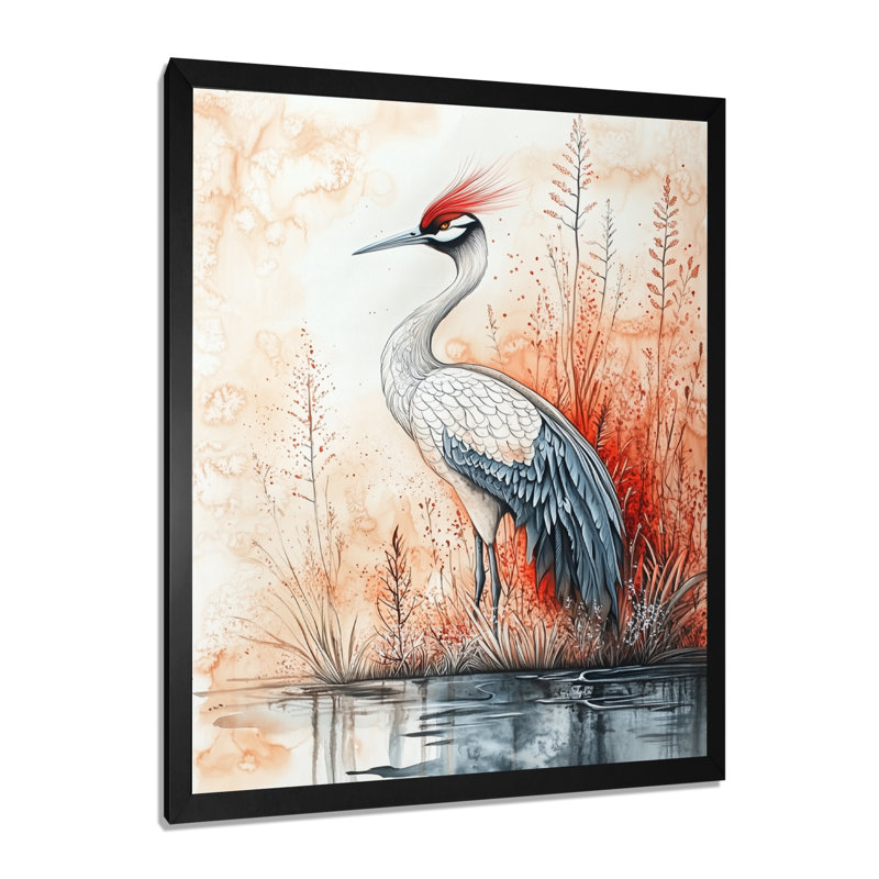 Grue cendrée en vol Sumi-E II - Tableau encadré, 40" H x 30" W, Black Picture Framed