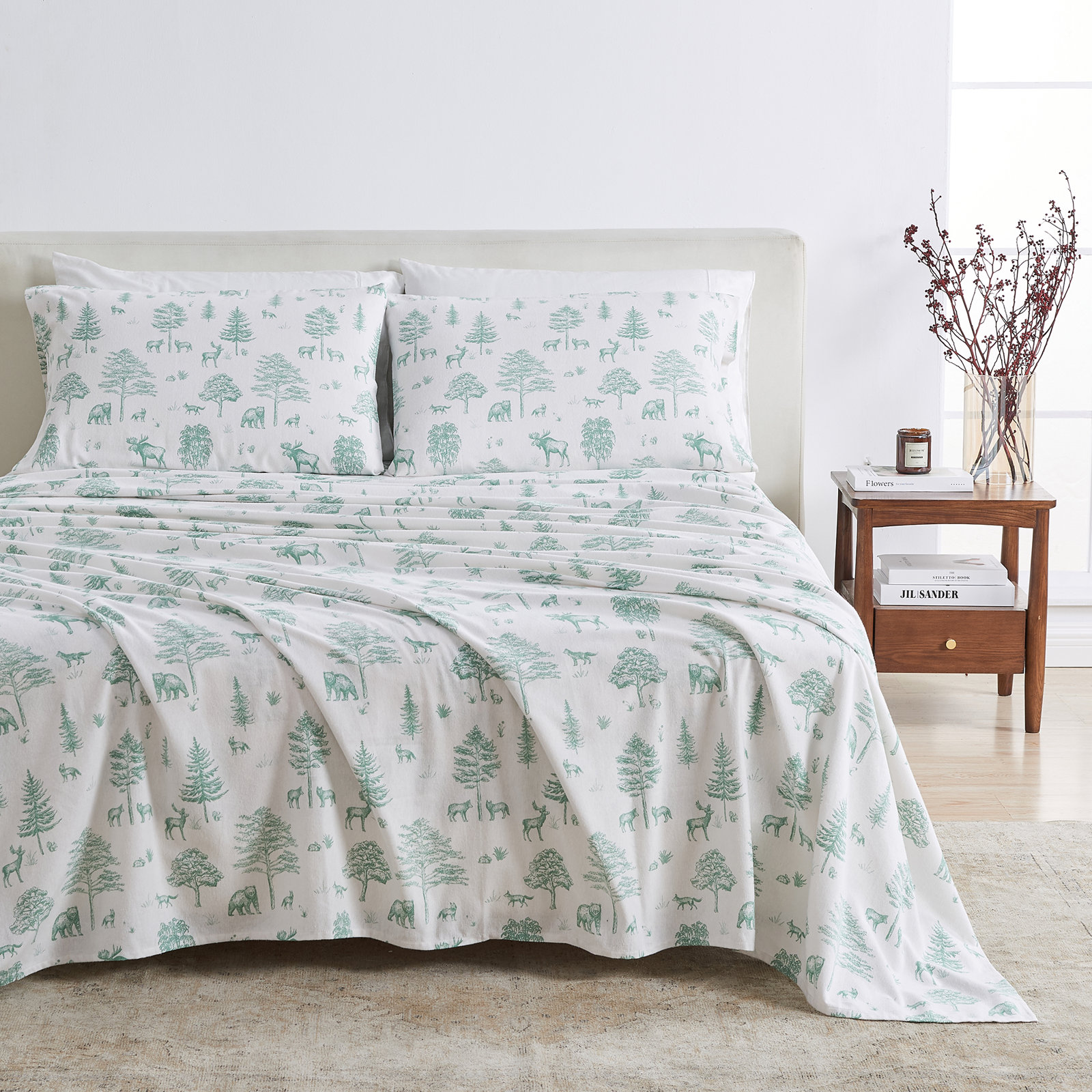 100% Turkish Cotton Flannel Solid & Plaid Sheet Sets, Twin with 1 Pillowcase, Happy Hillside