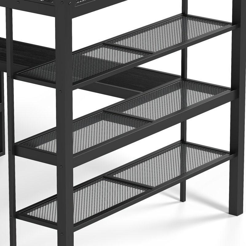 Grand lit mezzanine avec tablettes de rangement, lit mezzanine en métal avec tringle à vêtements et bureau, conception sans sommier nécessaire, noir