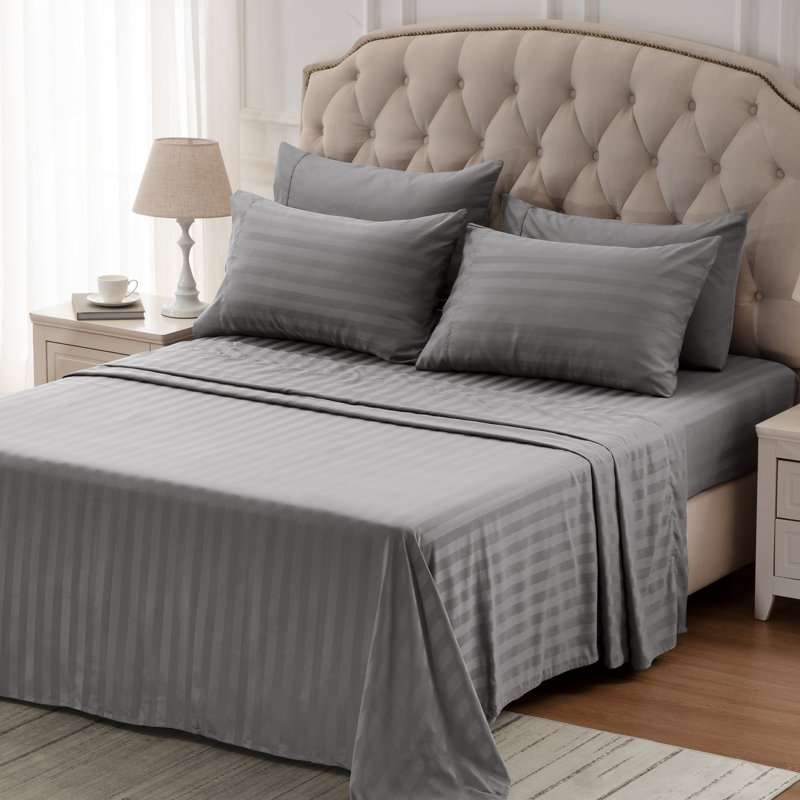 Sateen Striped Sheet Set, Twin Sheet Set + Fitted Sheet and 1 Pillowcase, Gull Gray