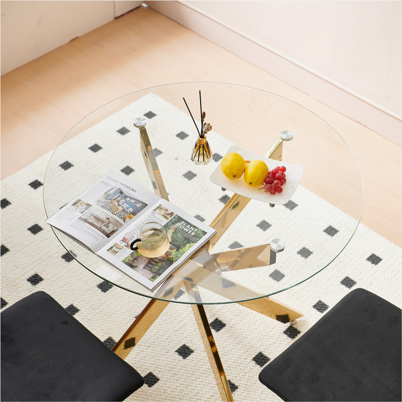 Ensemble de salle à manger 1 + 4,5 pièces, table de salle à manger avec pieds en métal Mid-Century pour 4-6 personnes avec plateau en verre, table de salle à manger à piédestal, table basse de loisirs