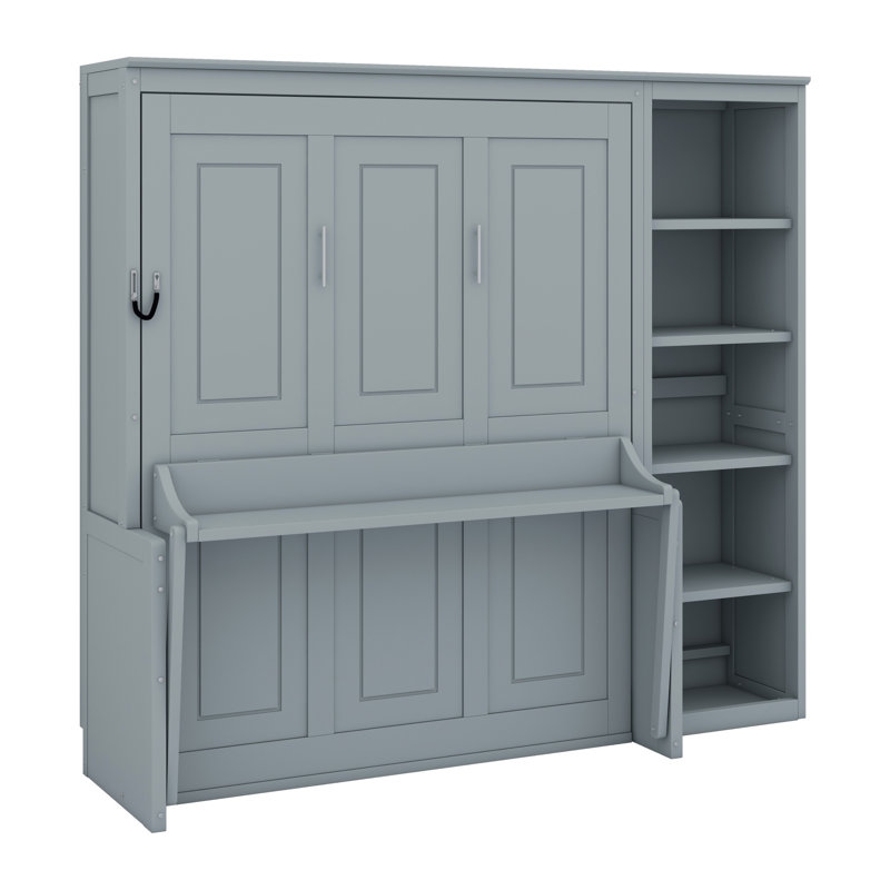 Lit escamotable avec bureau et bibliothèque Murphy, Gris, Double