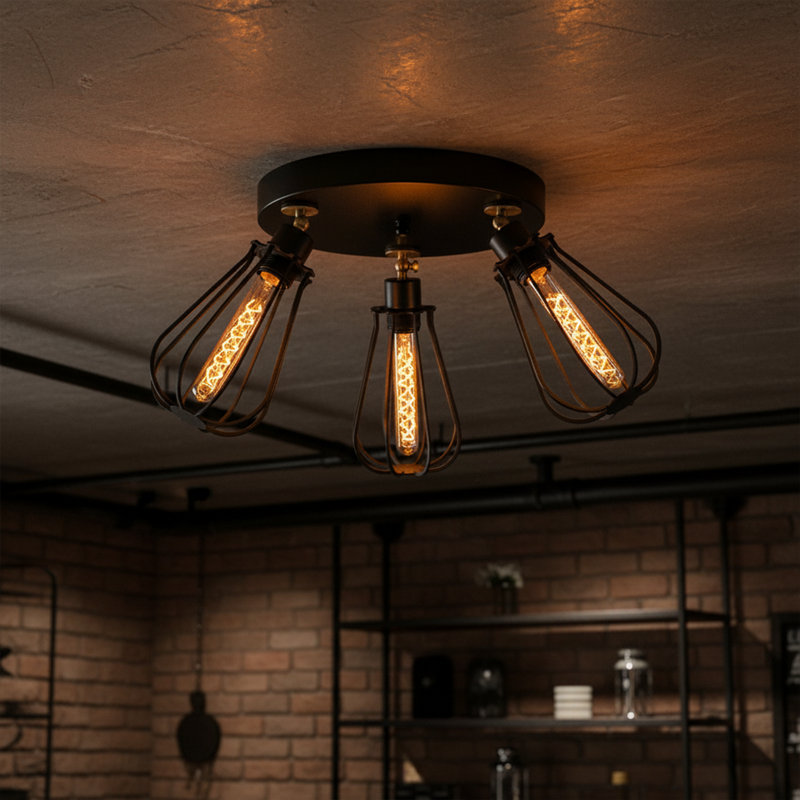 Plafonnier semi-encastré industriel en métal 3 lumières