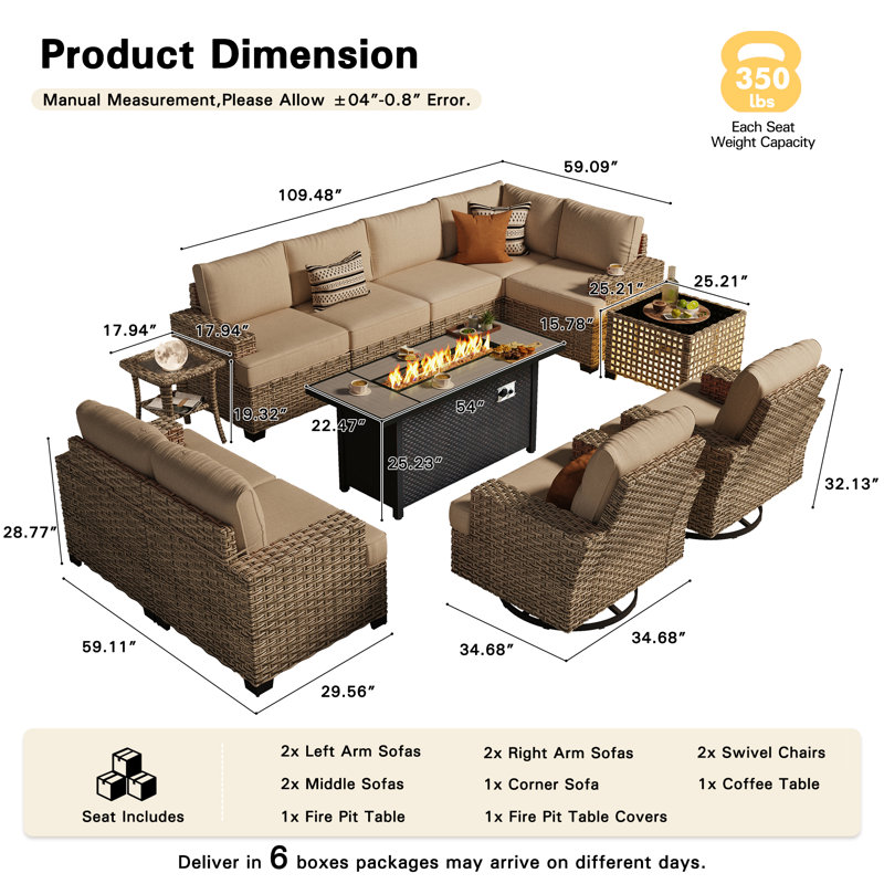 Ensemble de conversation modulaire d'extérieur en osier pour 9 personnes avec chaises berçantes pivotantes et table de foyer d'extérieur