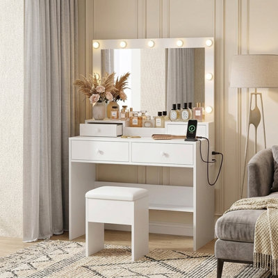 Makeup Vanity With Lighted Mirror Charging Station & Storage Stool