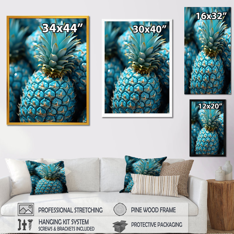 «Blue Pineapples Photo I», art mural ananas, H 40 po x l 30 po x P 1,5 po, Cadre flottant noir