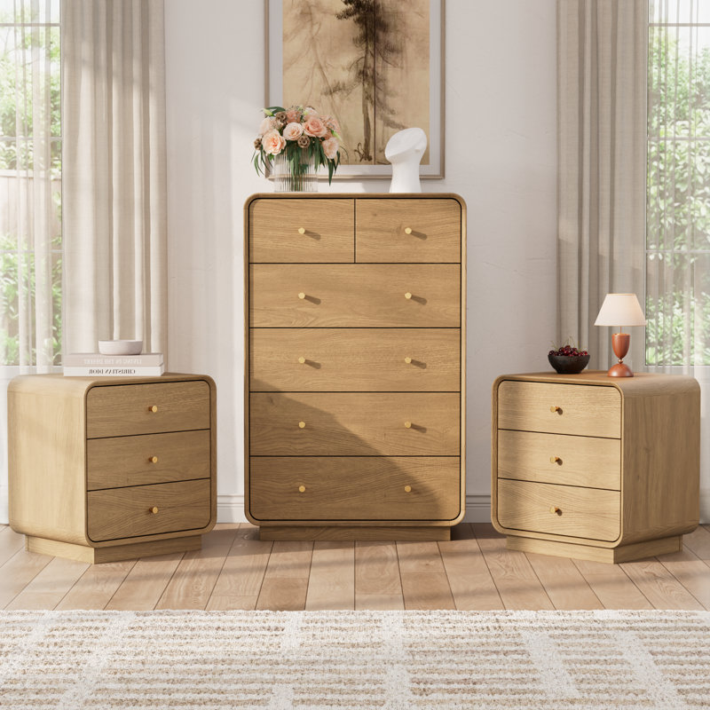 Ensemble de chambre à coucher, Chêne naturel, 3 Pcs: 2 Nightstands, Chest