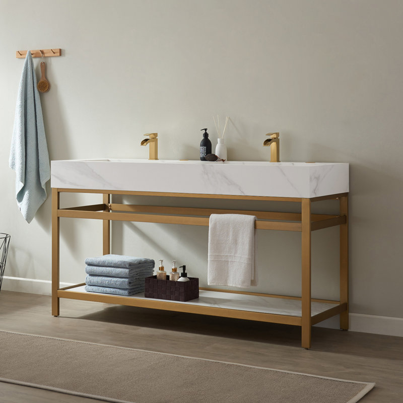 Bilbao 60'' Double Bathroom Vanity with Stone Top, White Stone, Brushed Gold