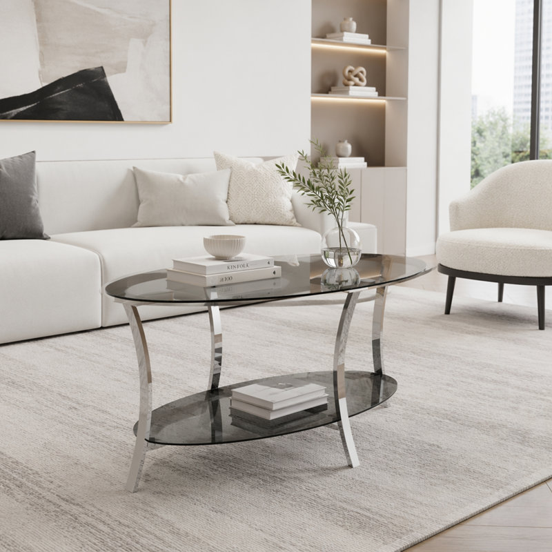 Table basse moderne en verre ovale avec pieds en métal, verre trempé transparent et rangement double couche pour des espaces de vie élégants