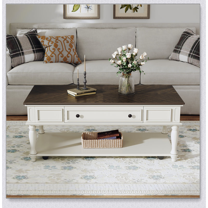 Table basse Farmhouse avec un tiroir, assemblage facile, table de cocktail rectangulaire mobile rétro avec roues verrouillables, table de centre de style champêtre avec pieds en bois massif pour le salon, gris et blanc