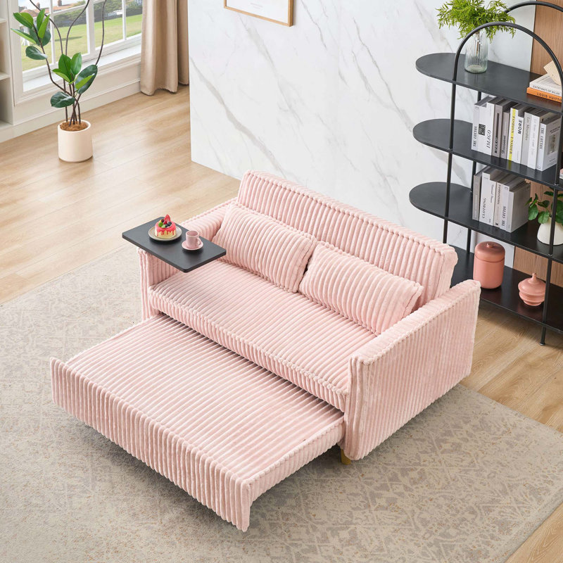 The pull-out and push-in corduroy sofa with dual functions, equipped with a movable tabletop and USB ports, is suitable for use in living rooms and bedrooms.