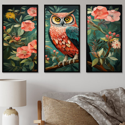 Hibou rose et vert dans le style Matisse V - Art mural animal hibou