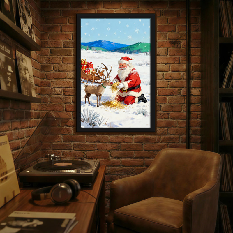 Père Noël de Noël nourrissant des rennes dans un paysage enneigé, H 30 po x l 20 po
