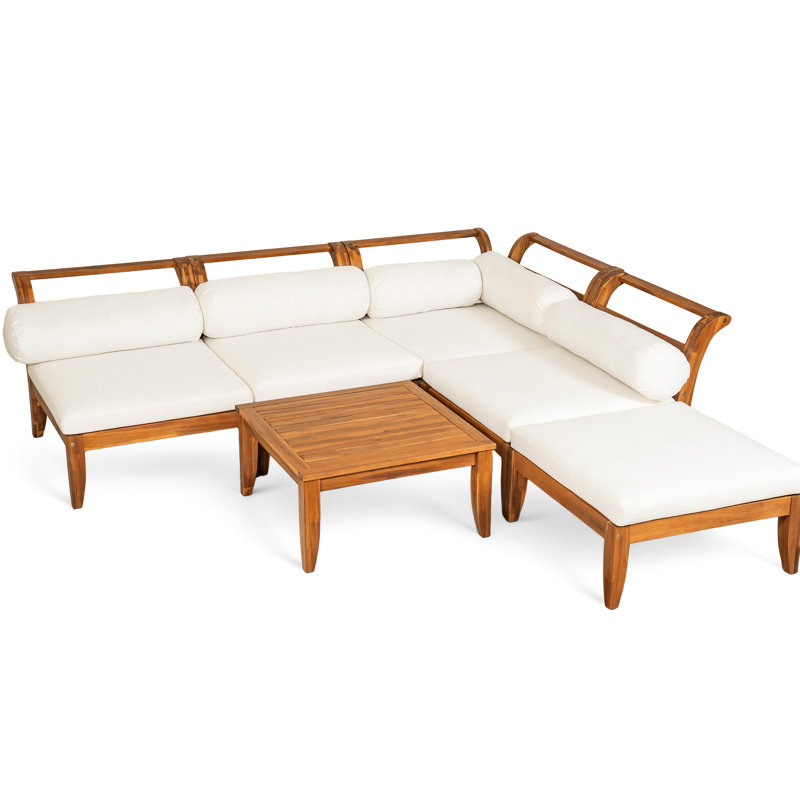 6 - Piece Wood L Shaped Patio , Modular Design, Convertible Daybed, 5 Cushions, Tea Table, , For Garden Entertaining Outdoor Furniture And Removable Cushion Covers