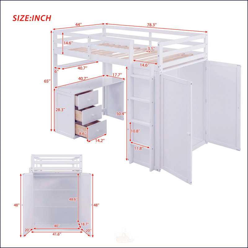 Lit mezzanine simple avec tiroirs, Lit simple, Blanc