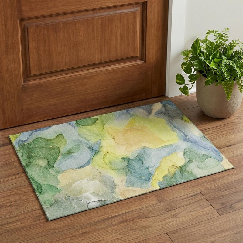 3' X 5' Yellow Blue And Beige Abstract Washable Area Rug With UV Protection
