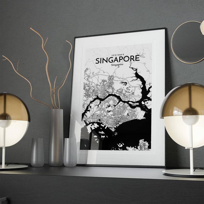 Carte de la ville de Singapour, impression, H 17 po x l 11 po, Noir / blanc
