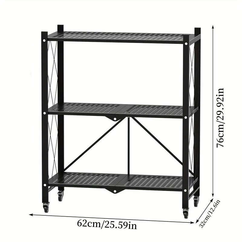 Étagère industrielle robuste à 4 niveaux avec roues verrouillables, capacité de charge de 1250 lb (250 lb par tablette), support de rangement en métal pliable pour le garage / cuisine / bureau, assemblage sans outil, conception noire peu encombrante