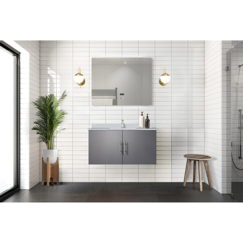 Meuble-lavabo gris foncé 36 po X P 22 po, plateau en marbre de culture, robinet, miroir à DEL, résistance aux égratignures et aux taches