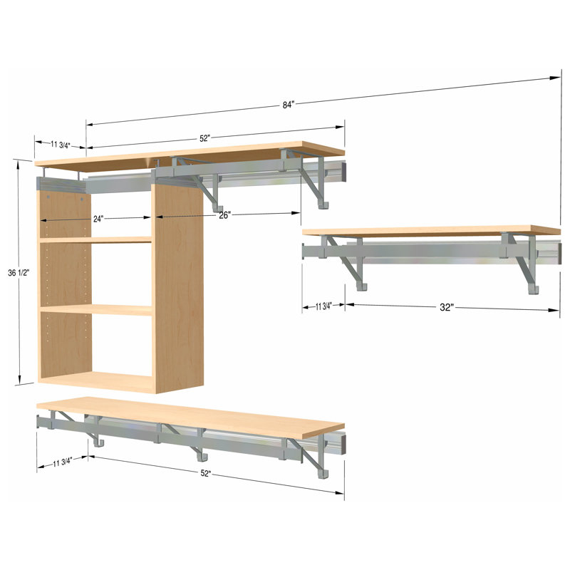 3-Piece Closet System: Double Shelf-Hang with Cubby and 32" Long Hang, Silver/Maple Wood, 36.5" H x 84" W x 12.25" D