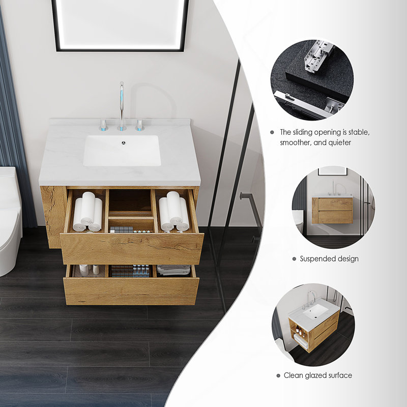 Meuble-lavabo suspendu avec lavabo, tiroirs à fermeture douce et comptoir en marbre reconstitué, Oak, 30" W
