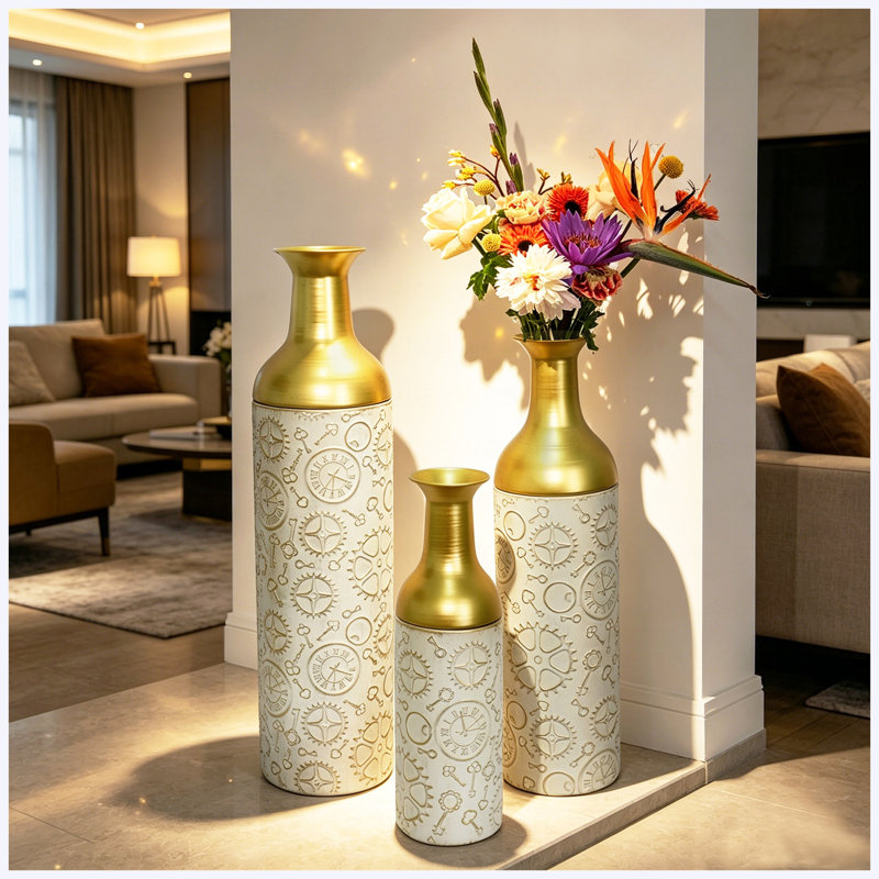 Ensemble de 3 vases de sol décoratifs en métal avec motif de feuilles d'or, grands vases blancs et dorés pour le salon et le vestibule
