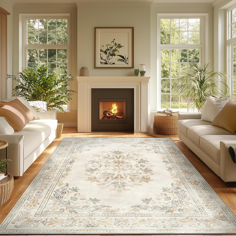 Vintage Floral Distressed Design Non-Slip Low-Pile Soft Thin Faux Wool Area Rug, Rectangle 6' x 9'