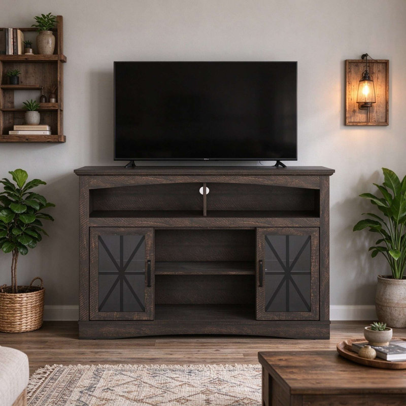 Meuble télé Lorraine de style ferme, brun, 120 cm de large, avec étagères réglables, portes vitrées et éclairage LED.
