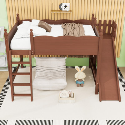 Loft Bed with Storage Shelves, Wardrobe and Slide
