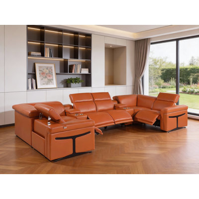 Camel Italian Leather Power Reclining U Shaped Eight Piece Sectional With Console