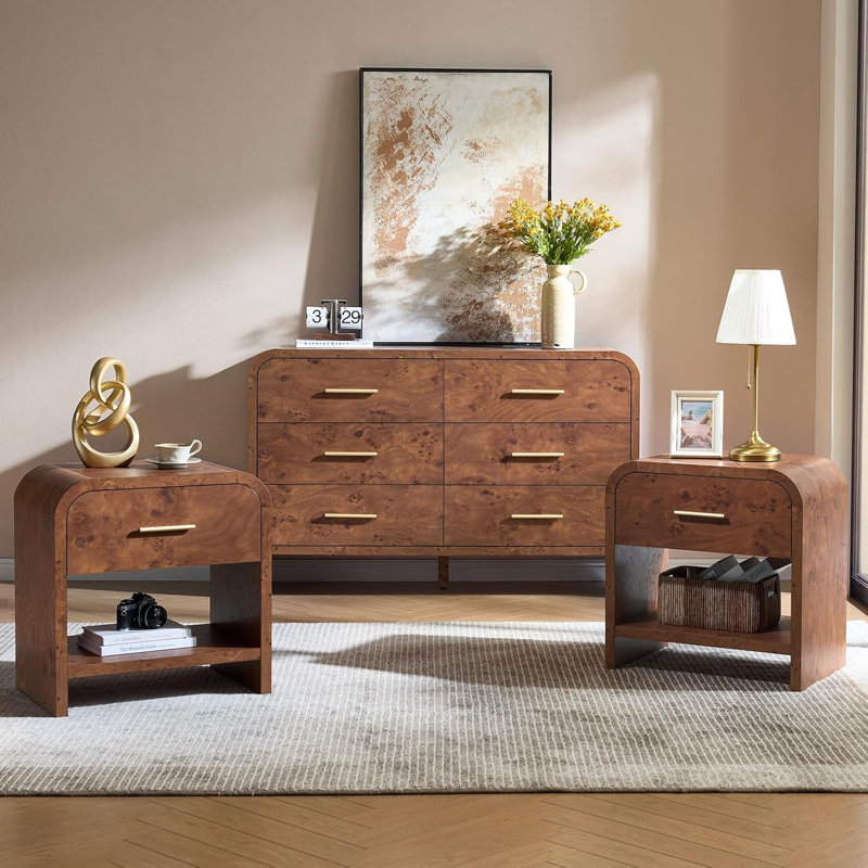 Ensemble de mobilier de chambre à coucher de 3 - Ensemble de coin moderne arrondi, 2 tables de chevet + commode 6 tiroirs, ensemble de rangement en bois