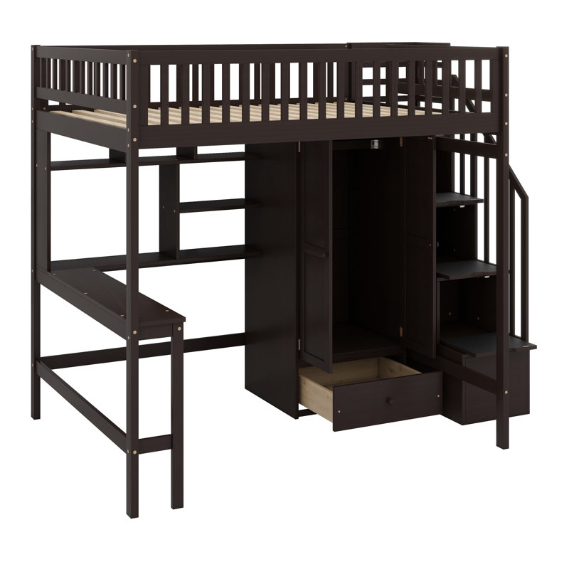 Loft Bed With Bookshelf,Drawers,Desk,And Wardrobe, Espresso