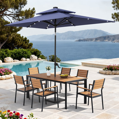 6-Person Aluminum Outdoor Dining Set with Stacking Chairs, Solar LED Light Umbrella and Weighted Base