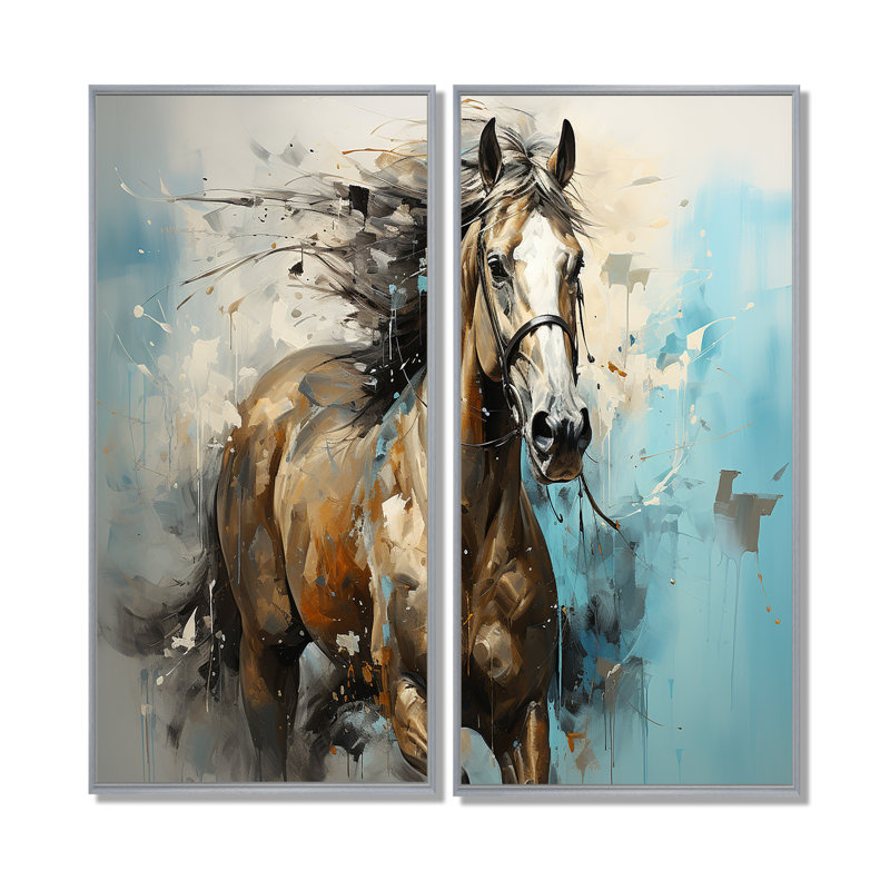 Cheval au galop fantaisiste - art mural moderne sur toile noir, H 40 po x l 40 po, Argent argent